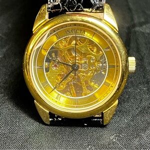 Vintage Invicta Gold Skeleton Dial Watch with Black copper head snake Strap